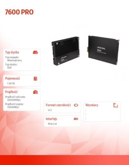 Micron Dysk SSD 7600PRO 1920GB NVMe U.2 15mm Single pack