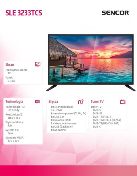 Sencor Telewizor 32 cale D-LED SLE 3233TCS DVB-T/T2/C/S/S2 Ci+ HEVC