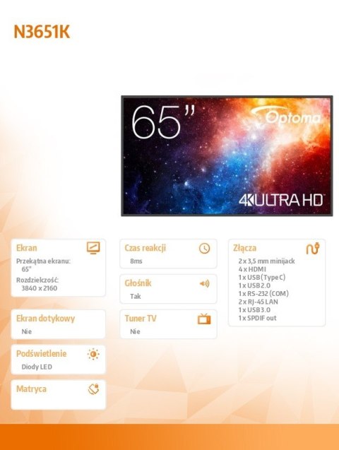 Optoma Monitor wielkoformatowy 65 cali N3651K matowy 24h/7,450cd/m2,USB-C,4K UHD (3840 x 2160),Android 11,Wifi+BT,OMS kod producenta 
