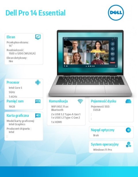 Dell Laptop Dell Pro 14 Essential PV14250 W11P C5-220U|16GB|512GB|Intel Graphics|FgrPr|WLAN+BT|14.0 2K|BcklKb|4C|65W|3YPS Platinum Si