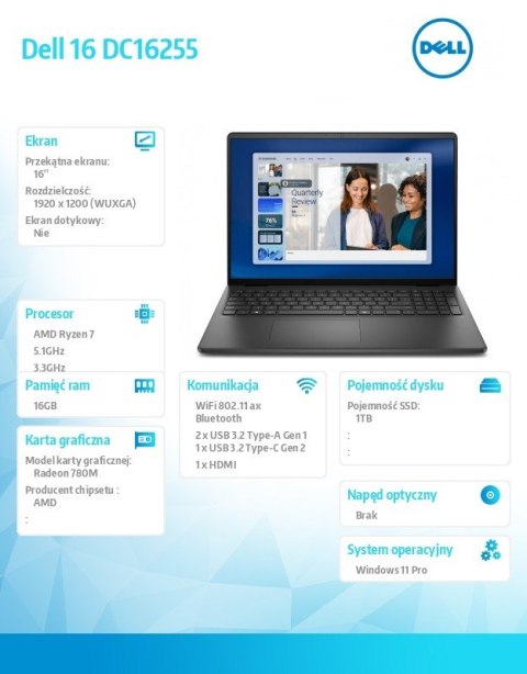 Dell Laptop Dell 16 DC16255 W11P Ryzen 7 250|16GB|1TB|AMD Radeon|FgrPr|WLAN+BT|16.0 FHD+|Backlit Kb|3C|65W|3YPS Carbon Black (Plastic