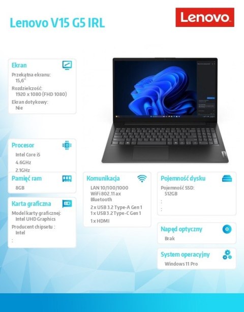 Lenovo Notebook V15 G5 83GW009BPB W11Pro i5-13420H/8GB/512GB/INT/15.6 FHD/Business Black/3YRS OS