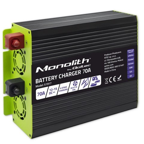 Inteligentna profesjonalna ładowarka Qoltec Monolith 51917 do akumulatorów LiFePO4 AGM GEL SLA | 70A | 12V | Szybkie ładowanie