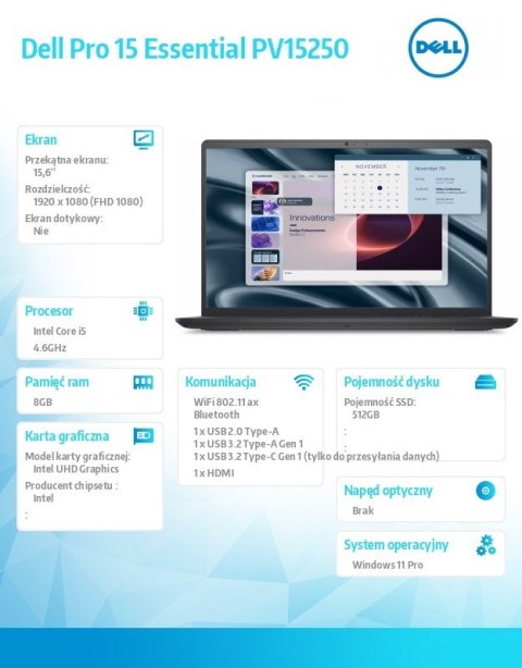 Dell Laptop Dell Pro 15 Essential PV15250 W11P i5-1334U|8GB|512GB|Intel UHD|FgrPr|WLAN+BT|15.6 FHD|BcklKb|3C|65W|3YPS Carbon Black (P