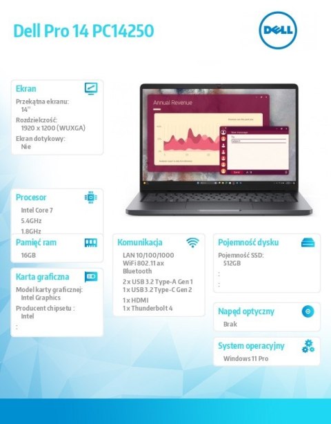 Dell Laptop Dell Pro 14 PC14250 W11P C7 150U/16GB/512GB CL25/FgrPr/FHD IR Cam&Mic/WLAN+BT|14.0 FHD+|BcklKb/3C/65W/3YPS Magnetite colo