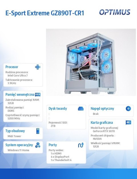 OPTIMUS Komputer E-Sport Extreme GZ890T-CR1 Core Ultra 7K/32GB/2TB/RTX 5070 OC/Biały