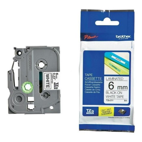 Taśma Brother P-Touch TZe-211 6mm x 8m (TZE211) - biała, czarny nadruk