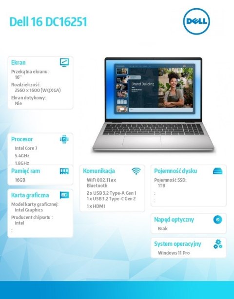 Dell Laptop Dell 16 DC16251 W11P C7-150U|16GB|512GB|Intel Graphics|FgrPr|WLAN + BT|16.0 2.5K|BcklKb|4C|65W|3YPS Platinum Silver