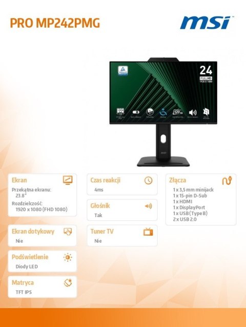MSI Monitor 23.8 cala PRO MP242PMG LED/FHD/Flat/120Hz/czarny