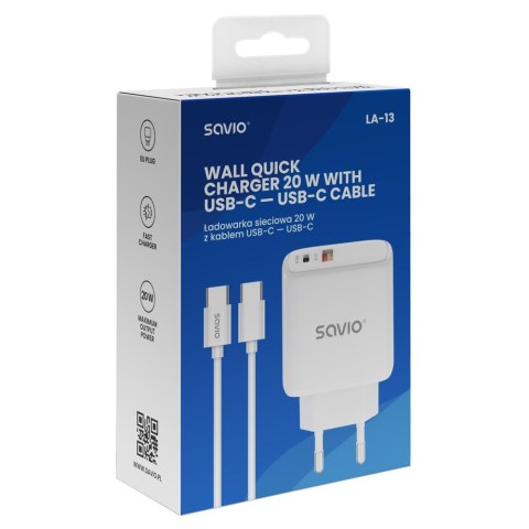 SAVIO ŁADOWARKA SIECIOWA 20W + KABEL QUICK CHARGE POWER DELIVERY 3.0 BIAŁA LA-13