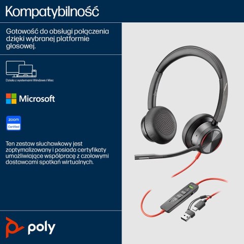 POLY Zestaw słuchawkowy Blackwire 8225 Stereo USB-C + przejściówka USB-C/A