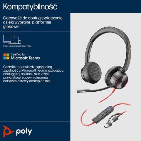 POLY Zestaw słuchawkowy Blackwire 8225 Stereo USB-C + przejściówka USB-C/A