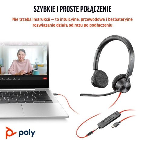 Słuchawki przewodowe POLY Blackwire 3325 Stereo Microsoft Teams Certified USB-C Headset 3.5mm Plug USB-C/A Adapter Przewodowa Op