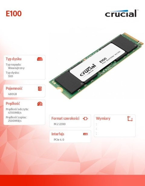 Crucial Dysk SSD E100 480GB M.2 NVMe 2280 PCIe 4.0 4700/2500 MB/s