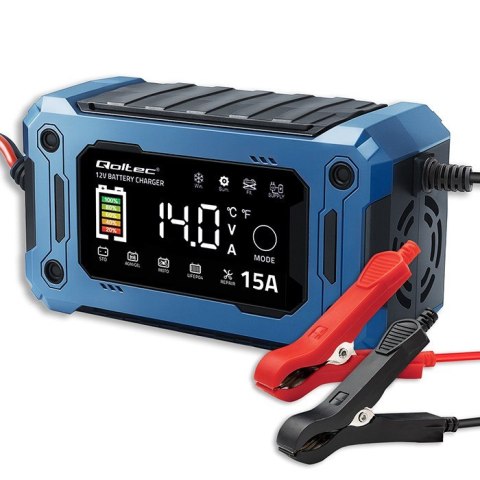 Qoltec Mikroprocesorowa ładowarka 12V 15A | Prostownik z funkcją naprawy i podtrzymania zasilania podczas wymiany akumulatora | do AGM 