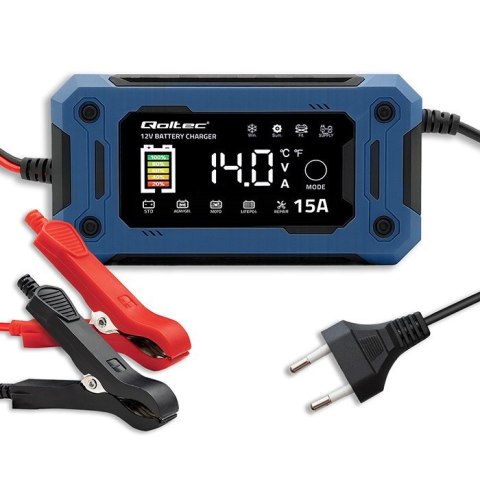 Qoltec Mikroprocesorowa ładowarka 12V 15A | Prostownik z funkcją naprawy i podtrzymania zasilania podczas wymiany akumulatora | do AGM 