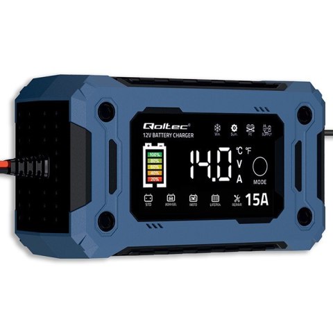 Qoltec Mikroprocesorowa ładowarka 12V 15A | Prostownik z funkcją naprawy i podtrzymania zasilania podczas wymiany akumulatora | do AGM 