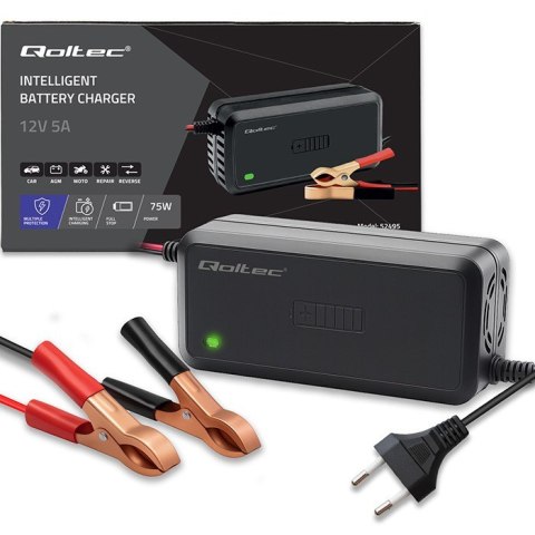 Qoltec Mikroprocesorowa ładowarka 12V | 5A | prostownik do akumulatora AGM GEL SLA | 6-stopniowe ładowanie