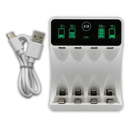 Qoltec Ładowarka do akumulatorków Ni-MH typu R03 AAA R6 AA | LCD | kabelUSB-C | Biała