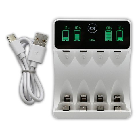 Qoltec Ładowarka do akumulatorków Ni-MH typu R03 AAA R6 AA | LCD | kabelUSB-C | Biała