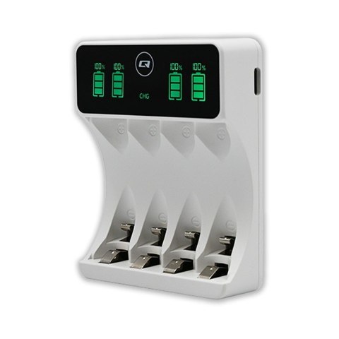 Qoltec Ładowarka do akumulatorków Ni-MH typu R03 AAA R6 AA | LCD | kabelUSB-C | Biała