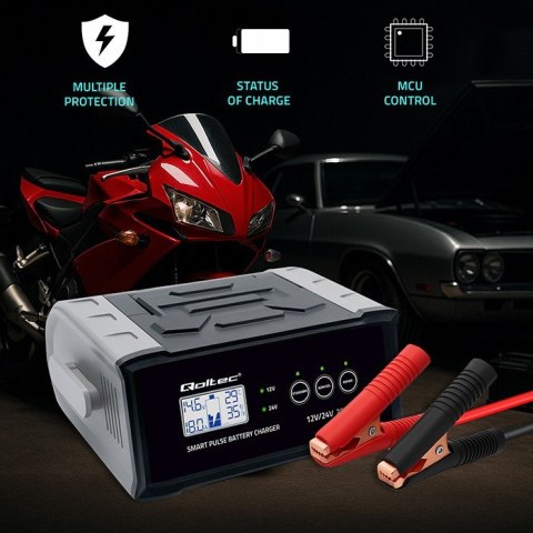 Qoltec Mikroprocesorowa ładowarka 12V 24V 25A | Prostownik z funkcją naprawy do akumulatora AGM GEL SLA | LCD