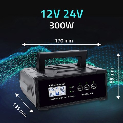Qoltec Mikroprocesorowa ładowarka 12V 24V 25A | Prostownik z funkcją naprawy do akumulatora AGM GEL SLA | LCD