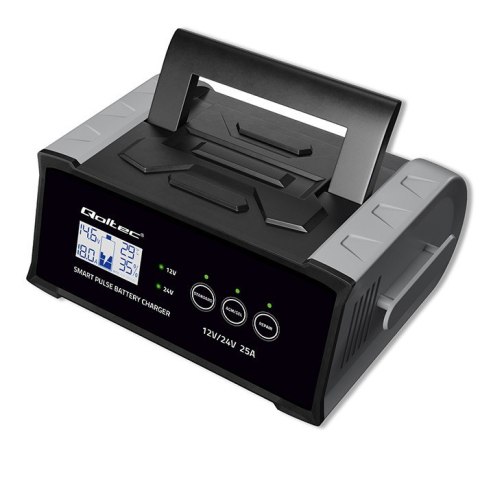 Qoltec Mikroprocesorowa ładowarka 12V 24V 25A | Prostownik z funkcją naprawy do akumulatora AGM GEL SLA | LCD