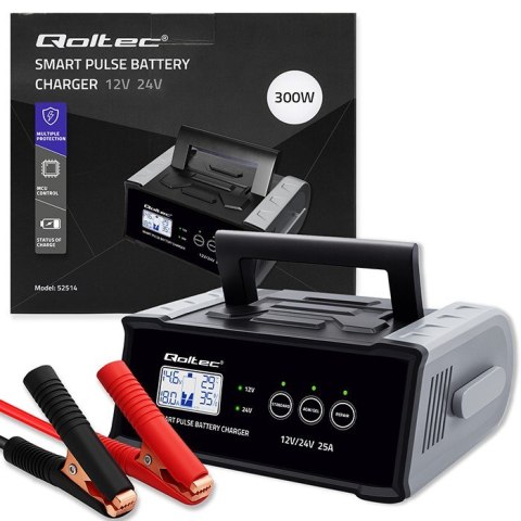 Qoltec Mikroprocesorowa ładowarka 12V 24V 25A | Prostownik z funkcją naprawy do akumulatora AGM GEL SLA | LCD