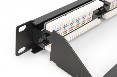 Digitus Panel krosowy (patch panel) 19'' 24x RJ45, LSA pion, kat.6, nieekranowany, 1U, prowadnica kabli, pola opisowe, Czarny