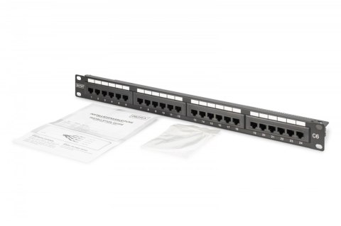 Digitus Panel krosowy (patch panel) 19'' 24x RJ45, LSA pion, kat.6, nieekranowany, 1U, prowadnica kabli, pola opisowe, Czarny