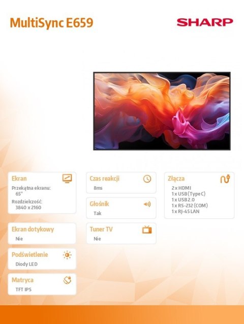 Sharp Monitor wielkoformatowy MultiSync E659 65 cali UHD 16/7 350cd/m2