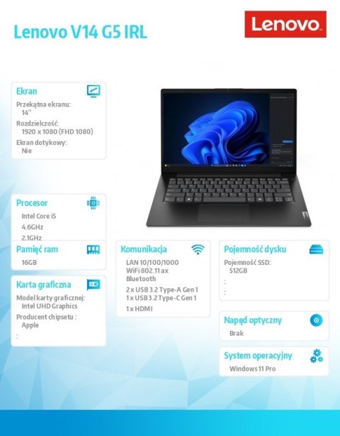 Lenovo Laptop V14 G5 83GU008FPB W11Pro i5-13420H/16GB/512GB/INT/14.0' FHD/Business Black/3YR OS + 1YR CI