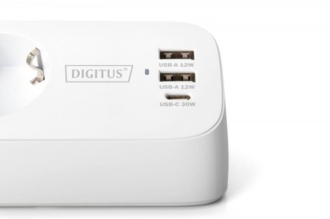 Digitus Listwa zasilająca biurkowa, 3 gniazda Schuko, 2x USB-A (2x 12W), 1x USB-C (30W) z zaciskiem na blat, kabel 1,5m, biała