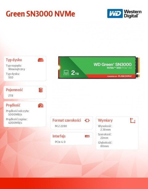 Western Digital Dysk SSD Green 2TB M.2 2280 SN3000 NVMe PCIE4.0