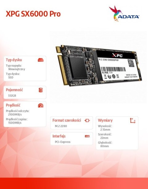 Adata Dysk SSD XPG SX6000 Pro 512GB PCIe 3x4 2.1/1.5 GB/s M2