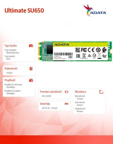 Adata Dysk SSD Ultimate SU650 512GB M.2 TLC 3D 2280 SATA