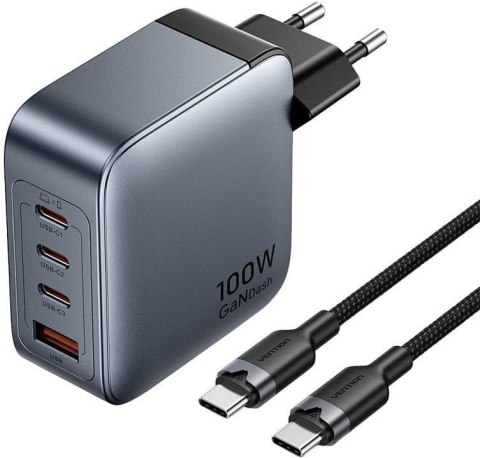 Ładowarka Vention 100W GaN 1x USB-A 3x USB-C + kabel USB-C do USB-C 1m