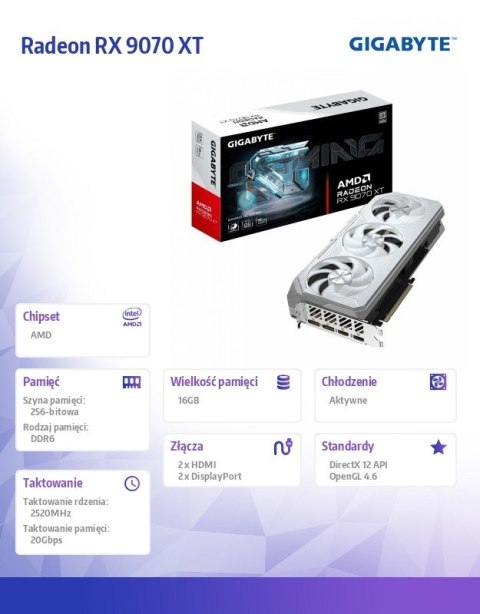 Gigabyte Karta graficzna Radeon RX 9070 XT GAMING OC WHITE 16GB GDDR6 256 BIT
