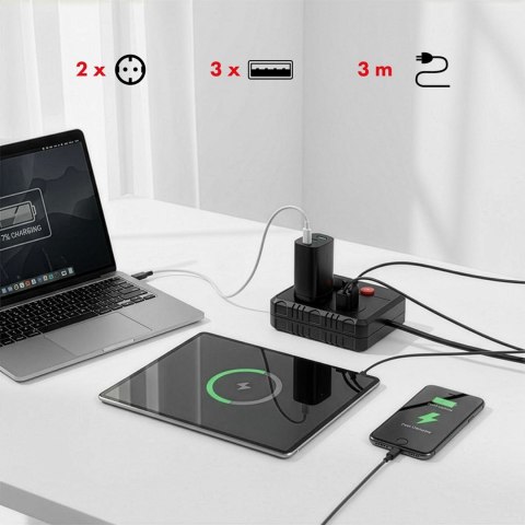 MACLEAN LISTWA ZASILAJĄCA, PRZEDŁUŻACZ 2 GNIAZDA + 3XUSB, 110-240V AC 50/60HZ, 2.1A MAX 2500W, 3 M, CZARNA MCE388 B