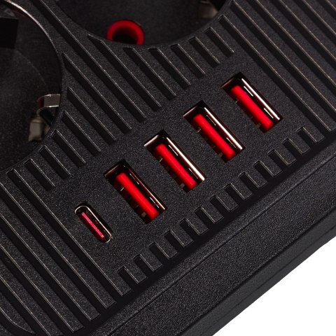 MACLEAN LISTWA ZASILAJĄCA, PRZEDŁUŻACZ 6 GNIAZD + 4XUSB, 110-240V AC 50/60HZ, 2.1A MAX 2500W, 1,5 M, CZARNA MCE389 B