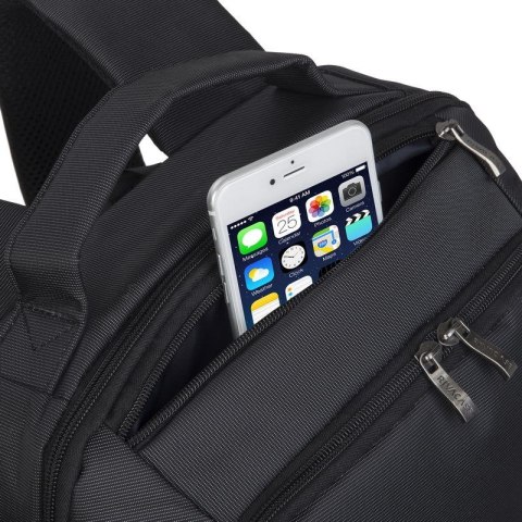 RIVACASE PLECAK NA LAPTOP 15,6" CENTRAL, CZARNY, 15L, Z POLIESTRU, KIESZENIE NA TABLET 10,1", SMARTFON, DOKUMENTY I AKCESORIA
