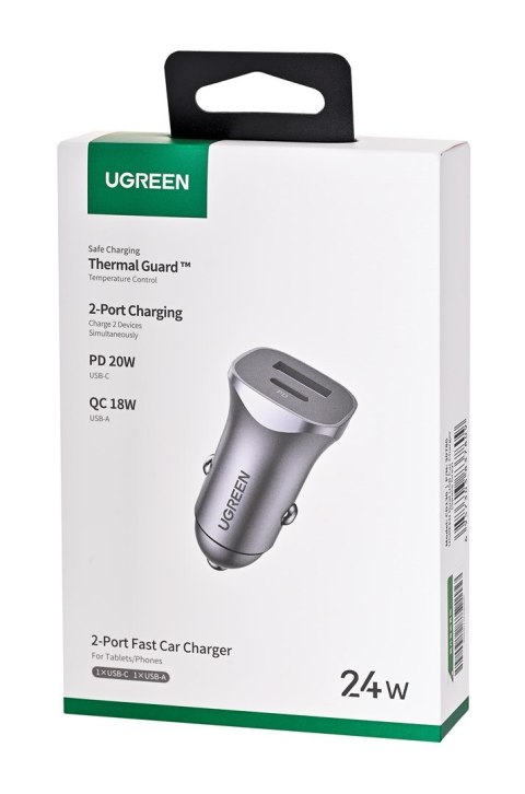 Ugreen ładowarka samochodowa USB Typ C / USB 24W Power Delivery Quick Charge szary (30780)