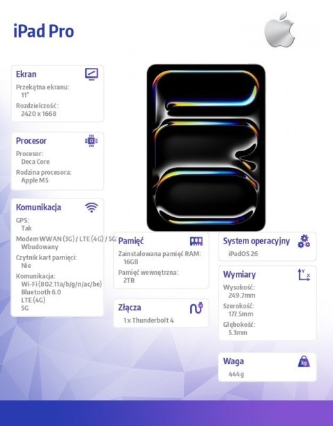 Apple IPad Pro 11 cali Wi-Fi + Cellular 2 TB z szybą o nano-strukturze - Srebrny