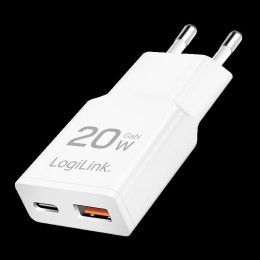Ładowarka sieciowa LogiLink PA0346 USB GaN, 20 W, 1x USB-C (PD), 1x USB-A (QC), biała