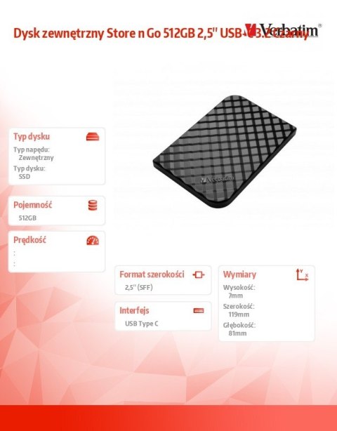 Verbatim Dysk zewnętrzny Store n Go 512GB 2,5'' USB-C 3.2 Czarny