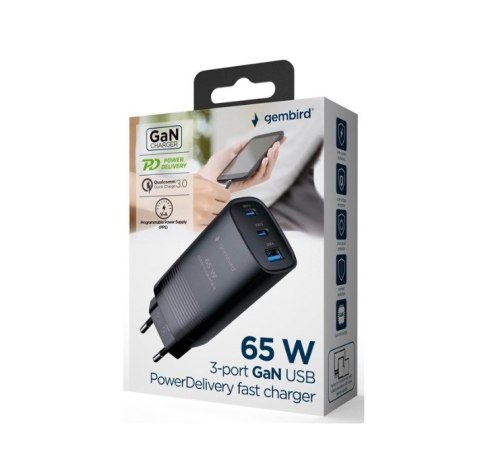 GEMBIRD SZYBKA ŁADOWARKA USB POWER DELIVERY USB TYPU C, 3X USB, 65 W, GAN CZARNA