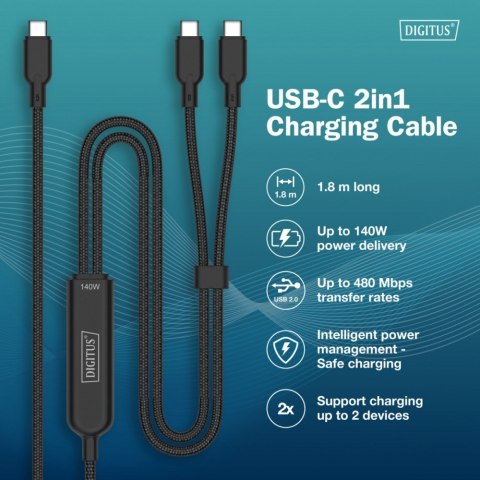 Digitus Kabel zasilający 2w1 USB-C - 2x USB-C, USB 2.0 140W PD 3.1, nylonowy, 1,8m czarny