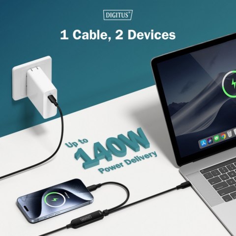 Digitus Kabel zasilający 2w1 USB-C - 2x USB-C, USB 2.0 140W PD 3.1, nylonowy, 1,8m czarny