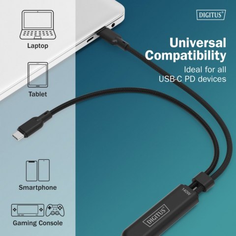Digitus Kabel zasilający 2w1 USB-C - 2x USB-C, USB 2.0 140W PD 3.1, nylonowy, 1,8m czarny